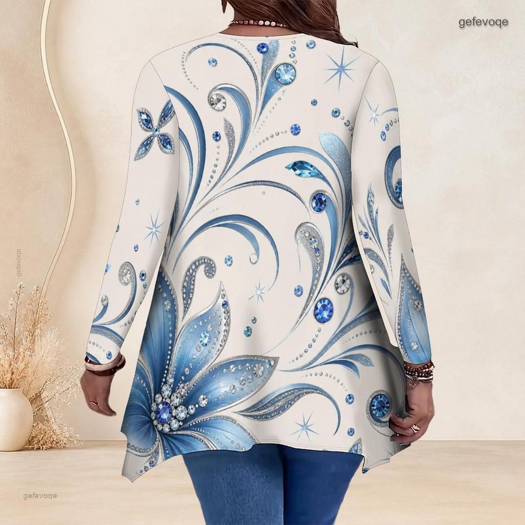 Women Plus Size V Neck Long Sleeve Irregular Split Hem Tunic Top Black Golden Swirl Print