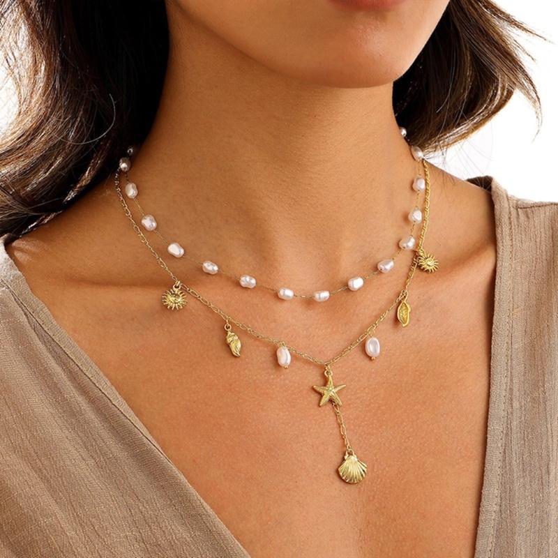14K Gold Plated Layering Shell Starfish Necklace Adjustable Neck Chain Summer Beach Jewelry Gift For Women