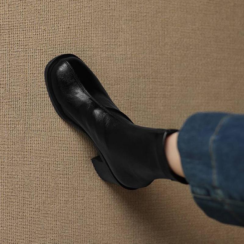 Autumn and Winter Women's High-heeled Leather Boots Solid Color Rubber Sole Versatile Martin Boots Rear Zipper Square Heel Elastic Medium Boots Women