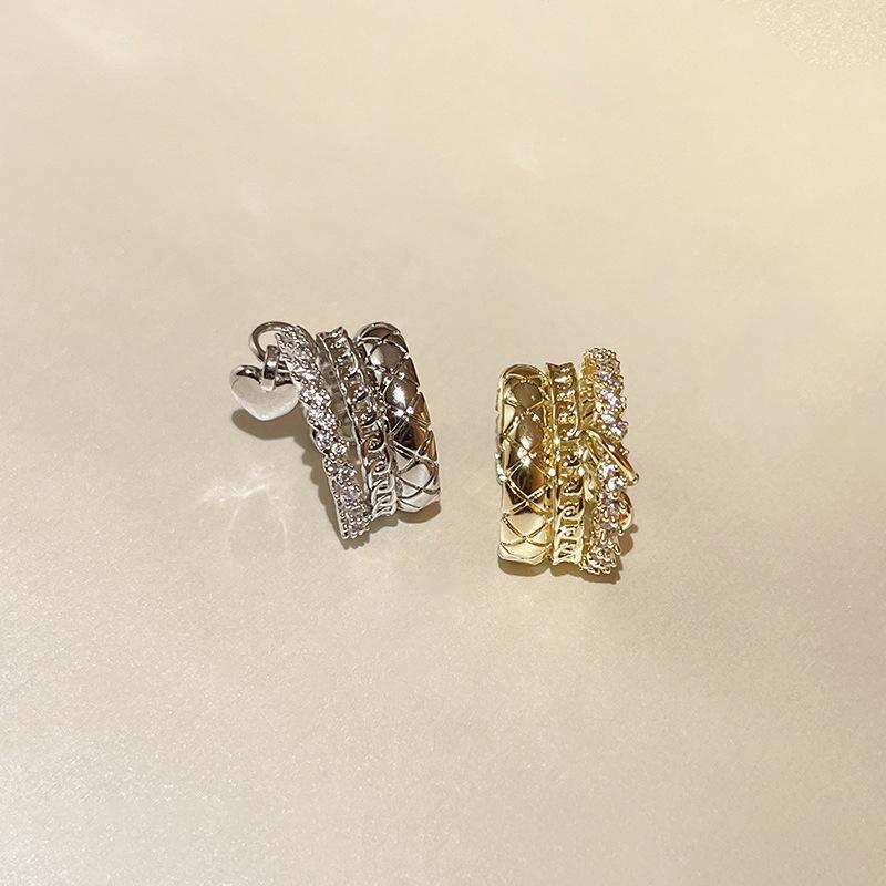 Geometric Zircon Inlaid Heart Ear Clips - Three-Layer Metal, Cold Style, High-End Earrings for Women