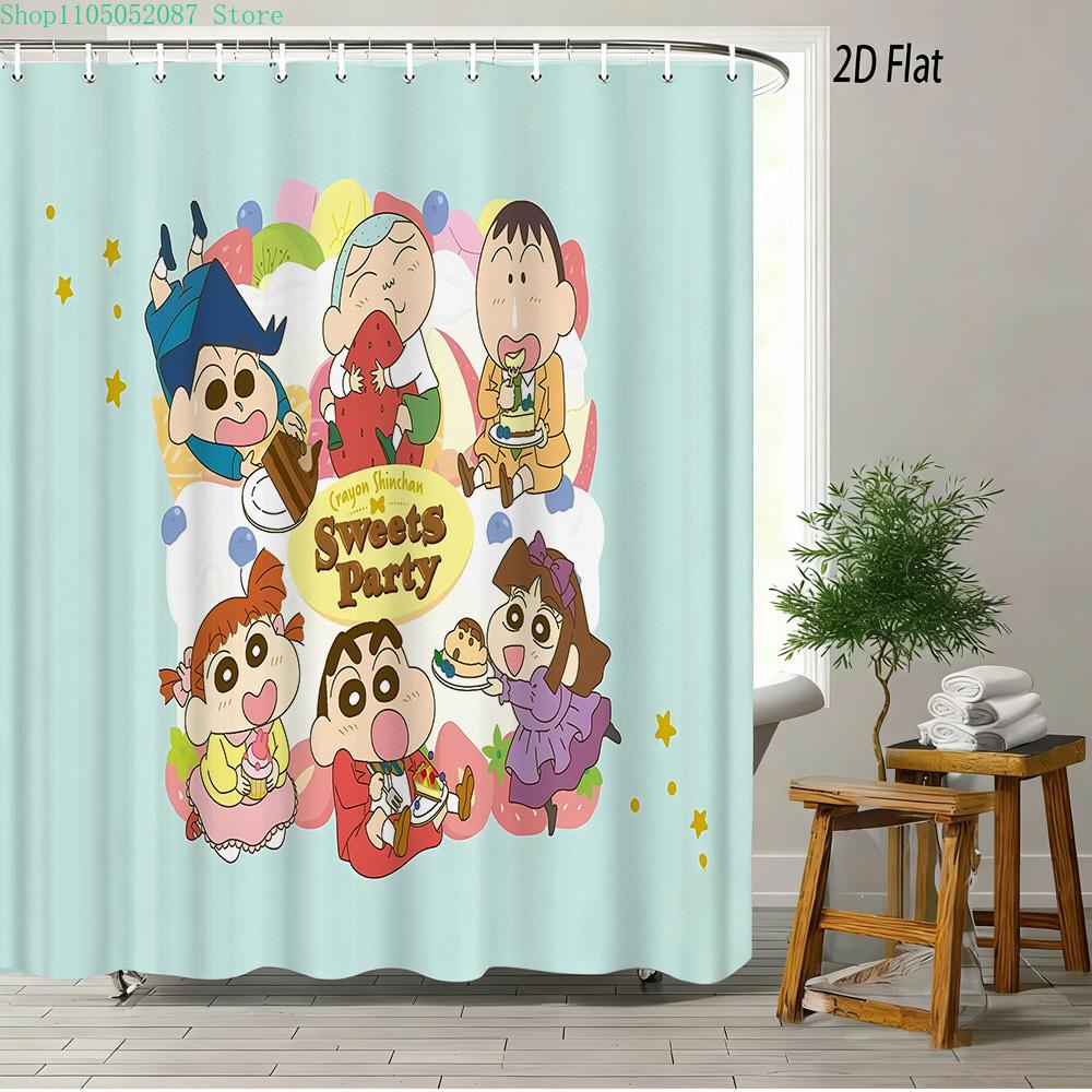 Crayon Shin-Chan Umbrella Walking Cartoon 2D Print Waterproof Shower Curtain, Minimalist White Bathroom Decor With Hooks