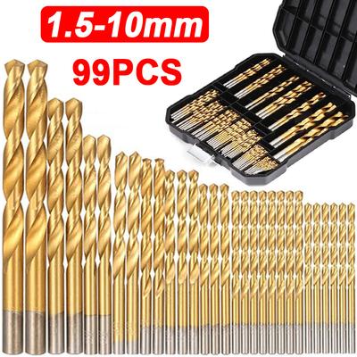 99 brocas helicoidales con mango recto y revestimiento de titanio de 1,5-10 mm, destornillador eléctrico, herramientas para perforar agujeros y trabajar la madera.