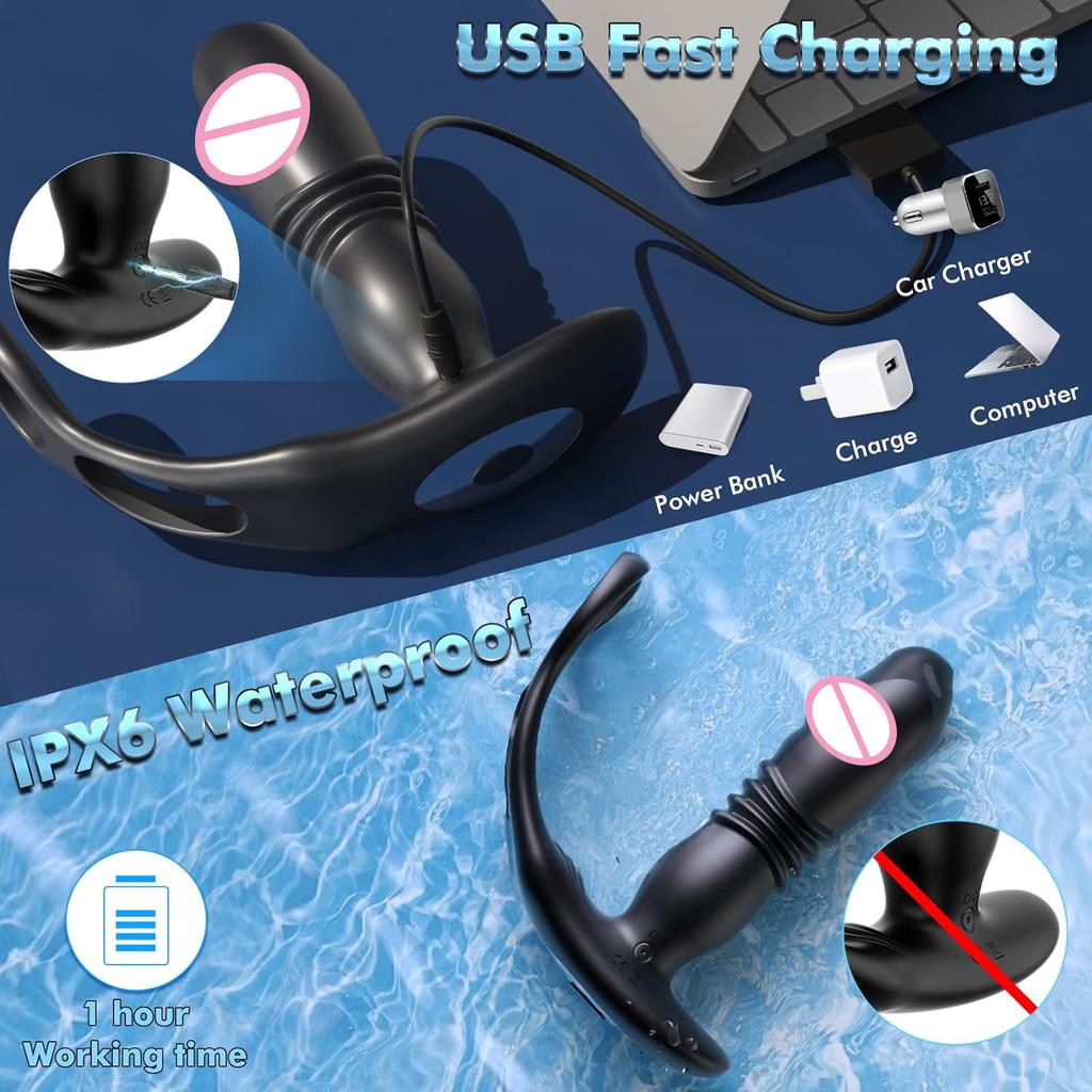 3 In 1 Male Thrusting Anal Vibrator Dildo Prostate Stimulator Massager Delay Ejaculation Cock Ring Silicone Sex Toys for Men Gay