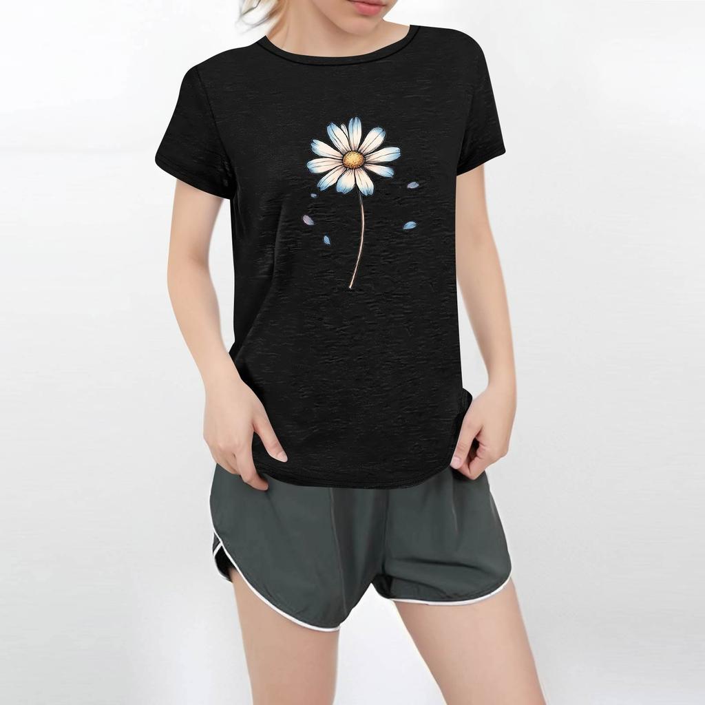 Camiseta feminina casual estampada de manga curta com decote redondo