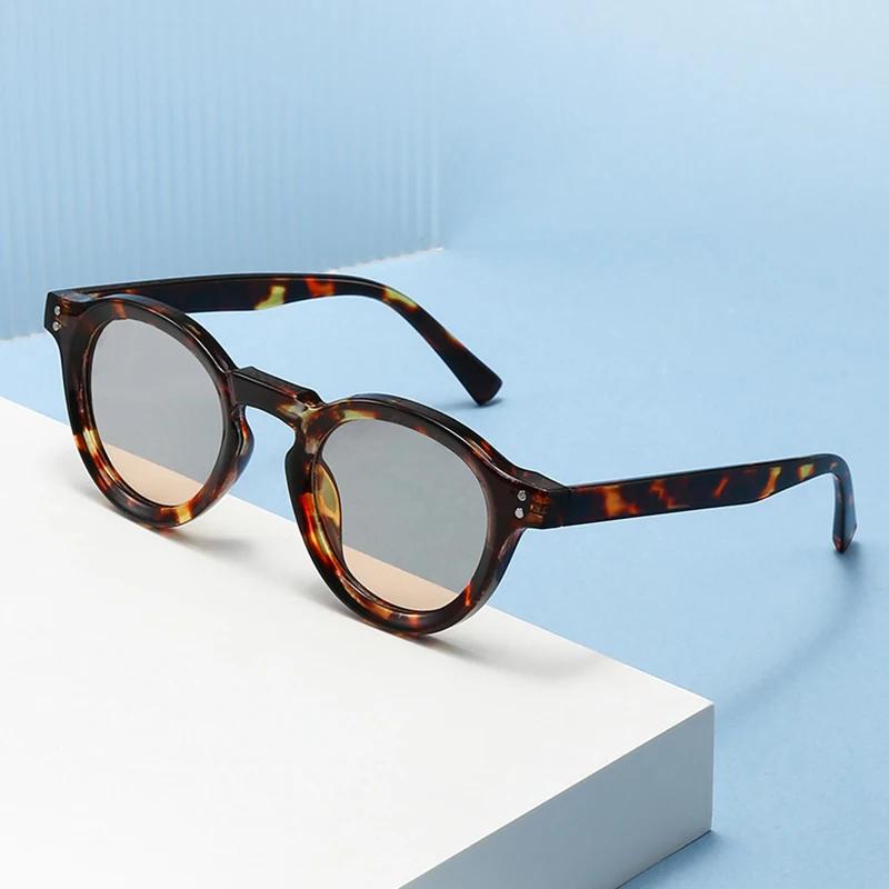  New Fashion Small Round Sunglasses Women Shades Fashion Leopard Blue Lens Men Trending Rivets Frame UV400