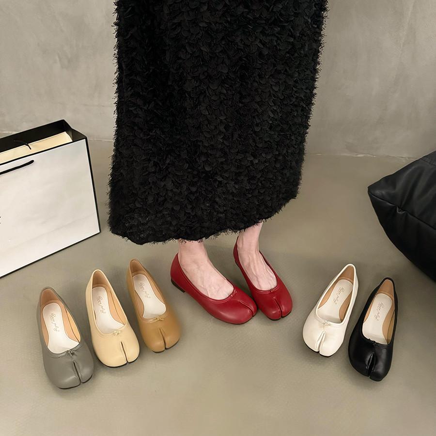 Fashion Bailamos Women Flats Tabi Ninja Round Split Toe Shallow Women Single Shoes Lazy Slip On Slingback Mules Leather Shoes Soft Loafe