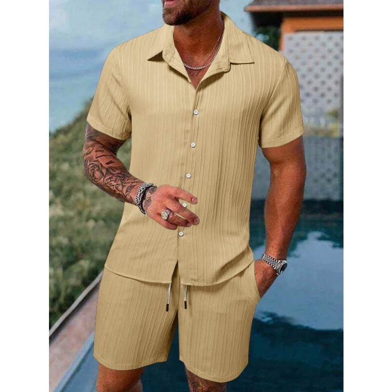 Mens Casual Striped Short Sleeve Button Up Shirt And Shorts Two Piece Set