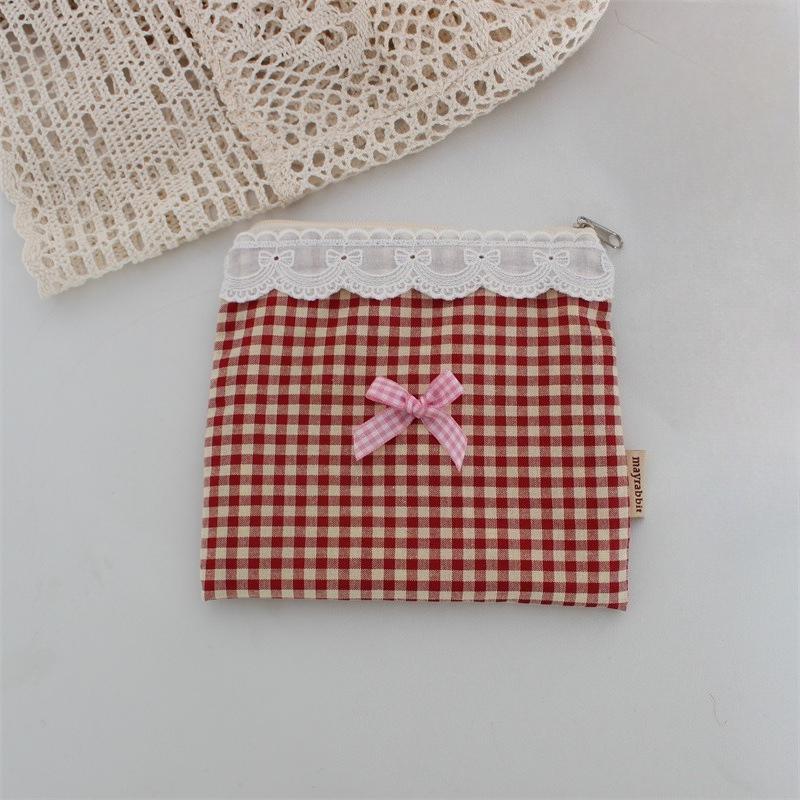 Ins Cute Plaid Coin Purse Sweet Lace Storage Bag Sanitary Napkin Bag High-value Lipstick Cosmetic Bag