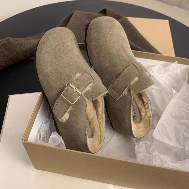 5CM inner height increase for small people~ Casual Boken shoes women's velvet warm cotton shoes autumn and winter new retro thick-soled half drag