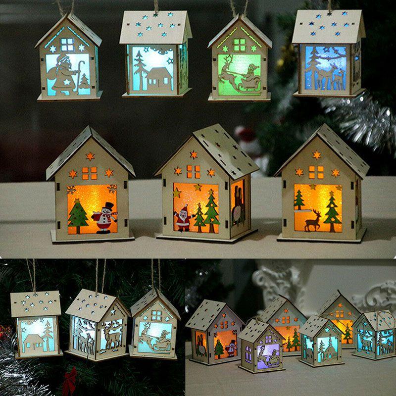 Elegant Led Light Wood House Ornament For Christmas Tree Hanging Decor