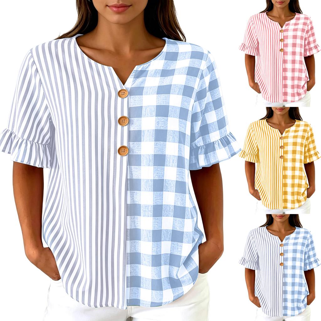 Women Casual Button V Neck Ruffle Short Sleeve Blouse Striped Checkered Patchwork Top Lightweight Comfortable Loose Fit Shirt
