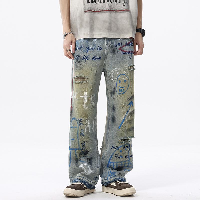 

Новые американские уличные граффити рваные крашеные джинсы мужские прямые свободные широкие штанины 2XL