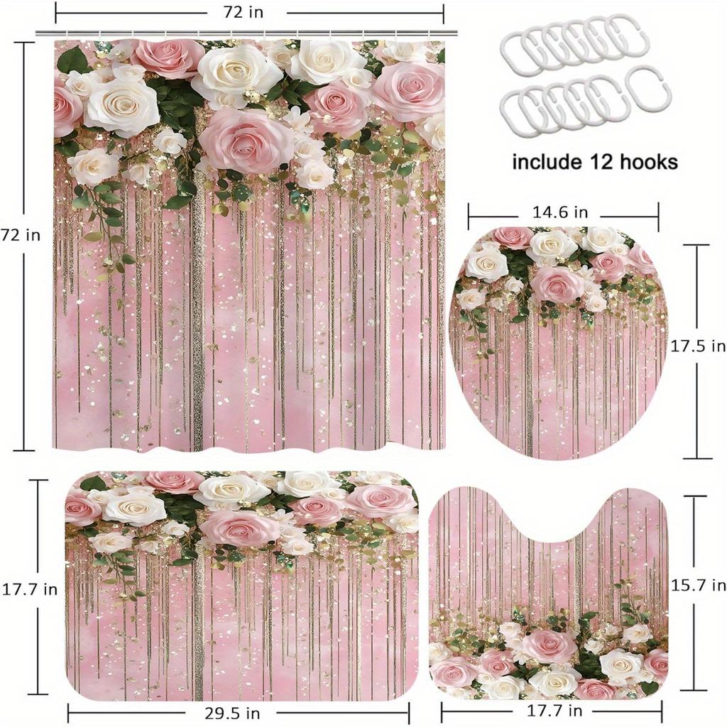 4Pcs Bathroom Shower Curtain Set Pink and White Flower Bathroom Curtain With 12 Hooks Non Slip Rugs Toilet Cover Mat Bathroom Partition