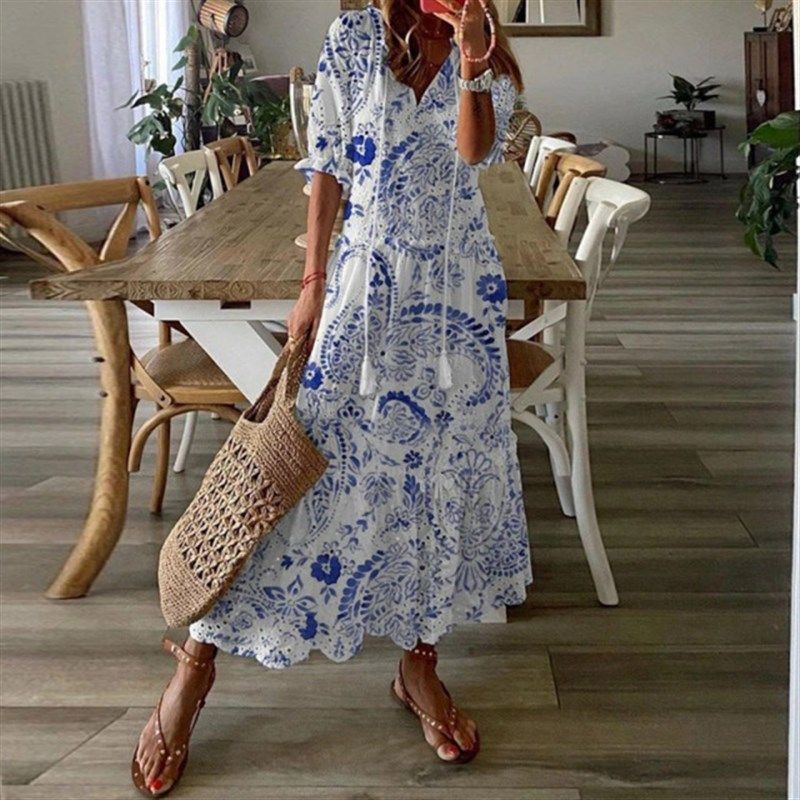 

Embroidered Slim Long Dress Vintage Drawstring Design Dress 03 Blue XL