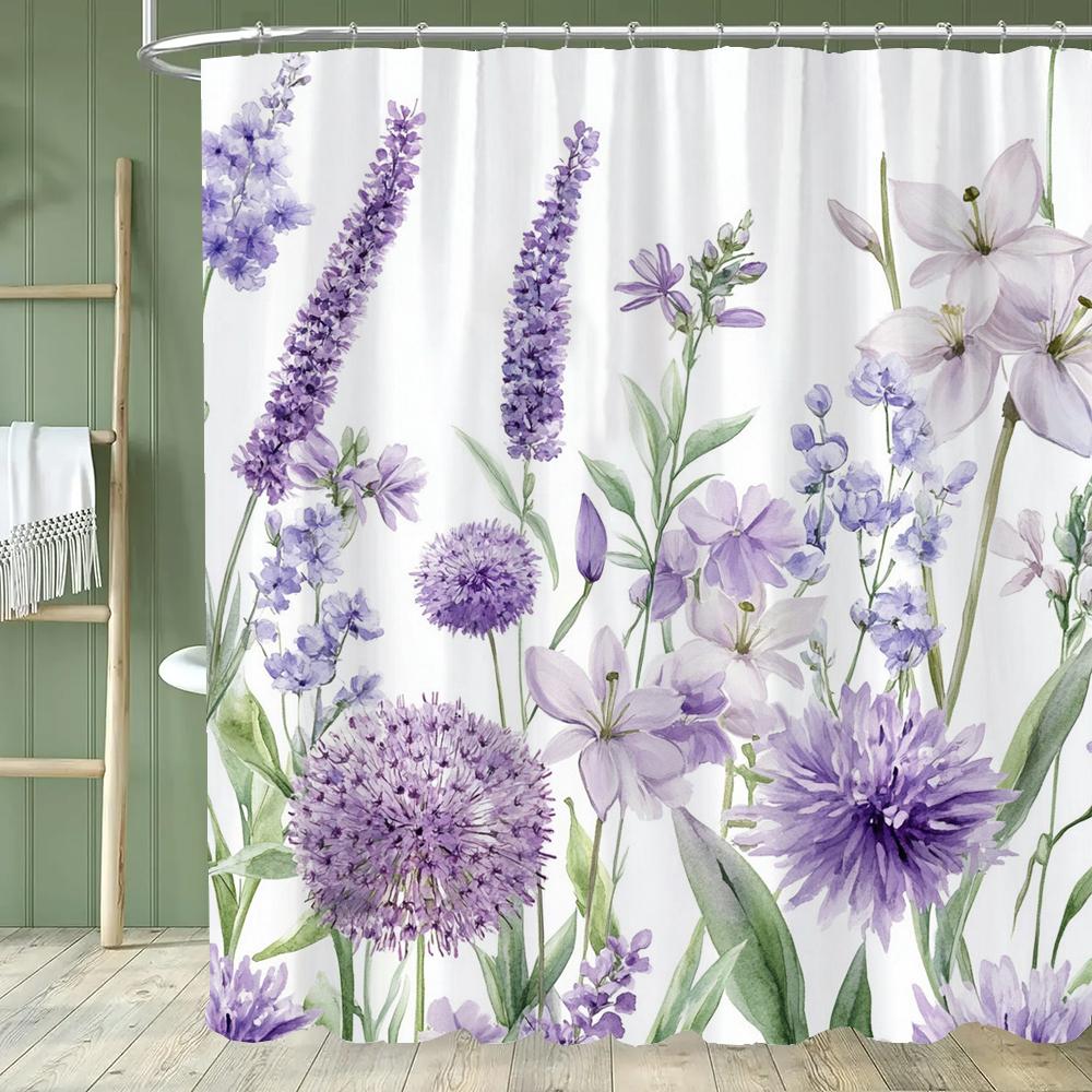 1PC Purple Flowers Shower Curtain,  Watercolor Floral and Plants Bathroom Decorative Curtain,Polyester Home Curtain with Hooks