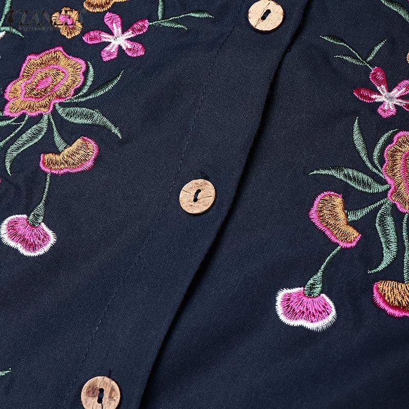 ZANZEA Women Casual O-neck Loose Long Sleeve Floral Embroidery Dress