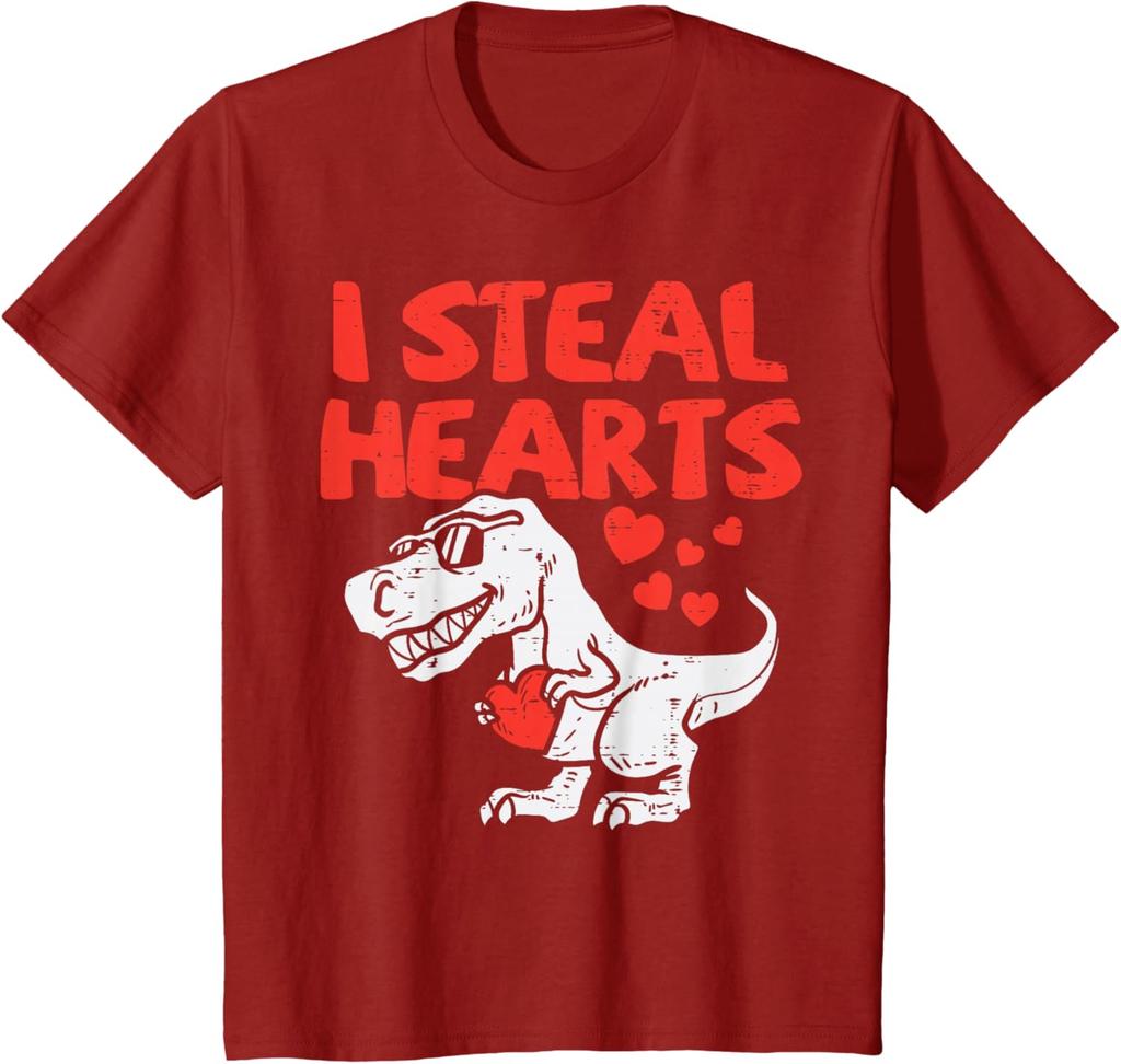 Ich stehle Herzen Dinosaurier T-Rex Grafik T-Shirt Weiche Baumwolle Kurzarm T-Shirt für Teenager Valentinstag T-Shirt