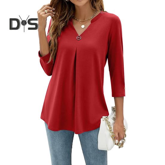 

Женская футболка с V-образным вырезом и рукавом 3/4, свободный крой, дышащая футболка, однотонная, плиссированная, средней длины, топы на каждый день XXL красный