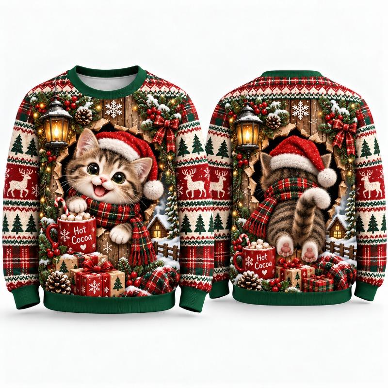 Cute Kitten Ugly Christmas Sweater For Men Women, Snowy Holiday Sweaters With Santa Cat Winter Party Gift