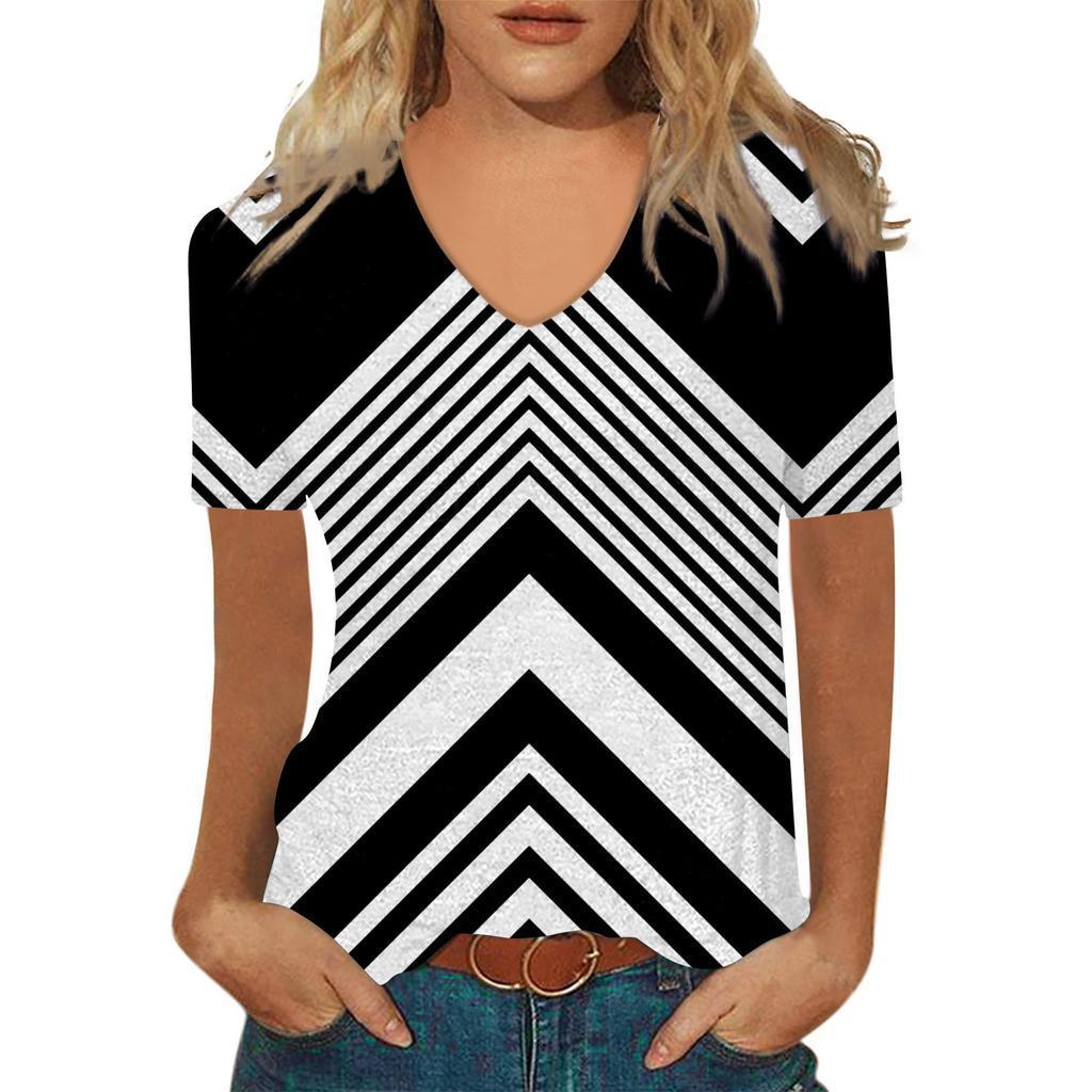 Sommer V-Ausschnitt 3D Abstraktes Retro-Muster Bedrucktes Oberteil Modische Lässige Kurzarm Damen T-Shirts