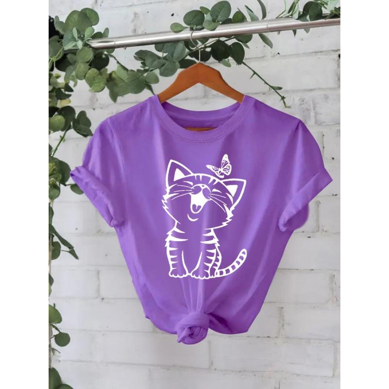 Cotton T-shirt Summer Short Sleeve Round Neck Cat Pattern Printed T-Shirts Women’s