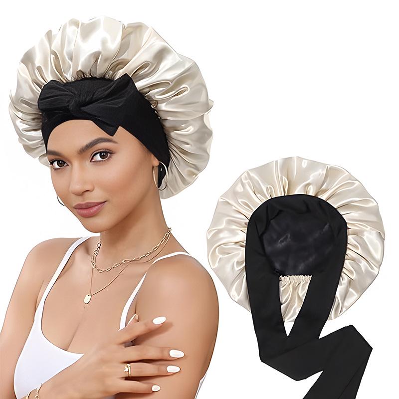 Women's Reversible Double-Layer Satin Nightcap with Ribbon - High Elasticity Round Hat for Hair Protection