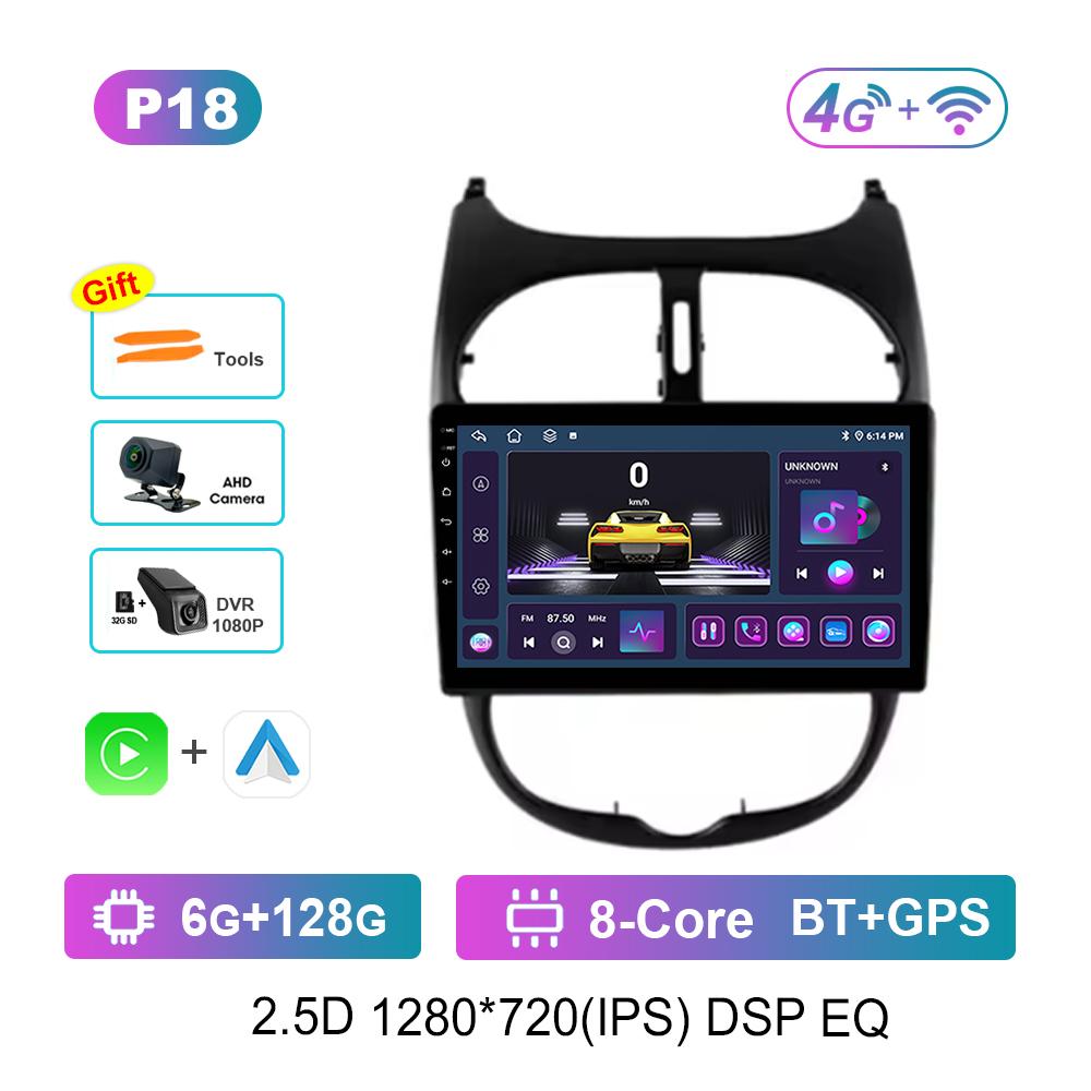 9 Inch Navigation GPS 4G Carplay for Peugeot 206 2001 - 2016 Android OS Car Video Multimedia Player BT QLED Touch Screen WiFi