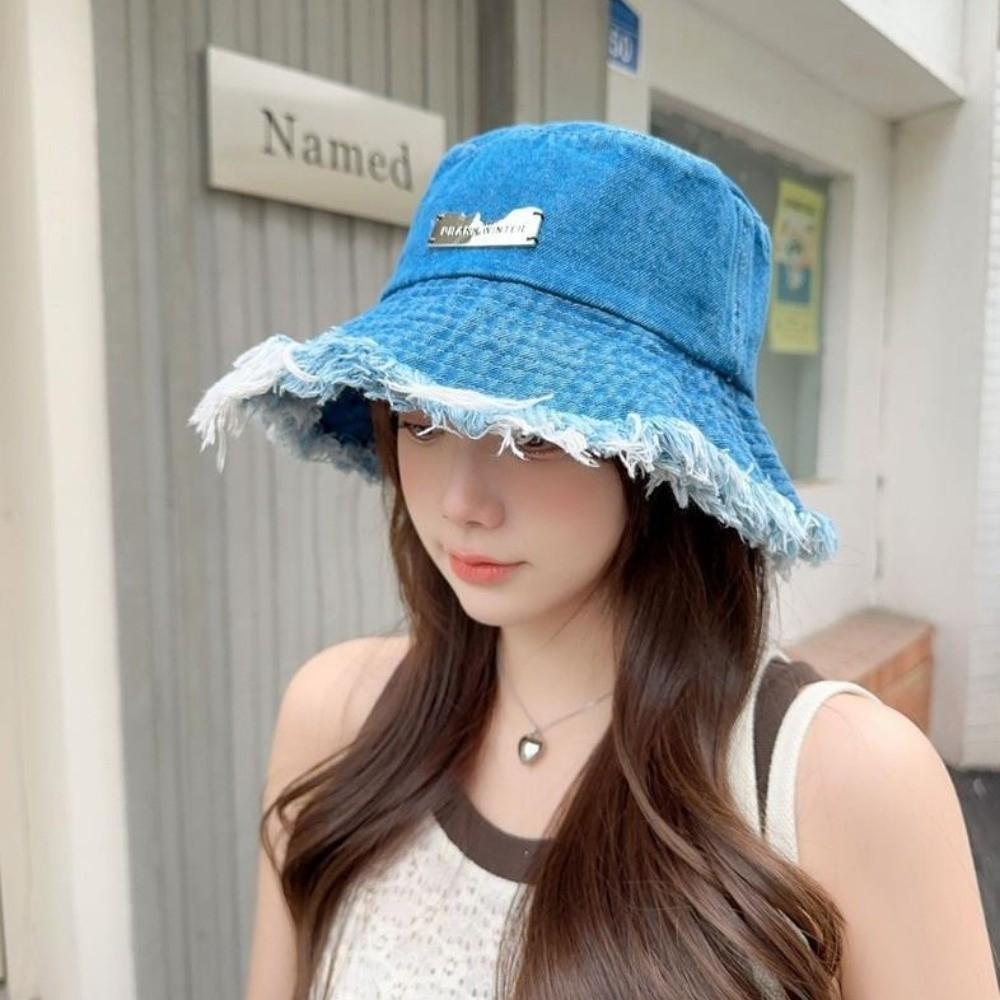 New Raw Edge Washed Denim Hat Denim Blue Tassel Edge Bucket Hat Casual Sun Hat Spring Season