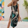 Women Plus Size Sleeveless U Neck Printed Tank Dress High Side Slit Midi Dress
