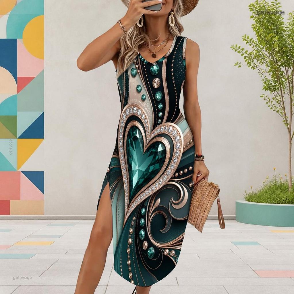 Women Plus Size Sleeveless U Neck Printed Tank Dress High Side Slit Midi Dress