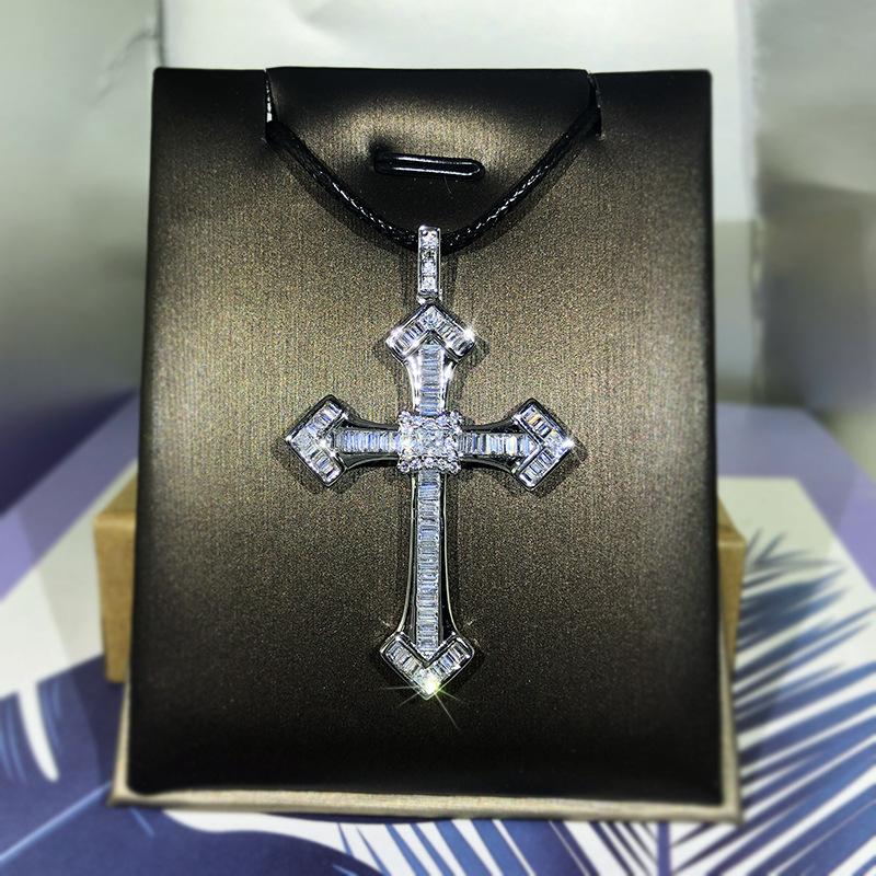 925 Fine White Zircon Men And Women Classic Cross Pendant Micro-Inlaid Zircon Necklace Birthday Party Jewelry