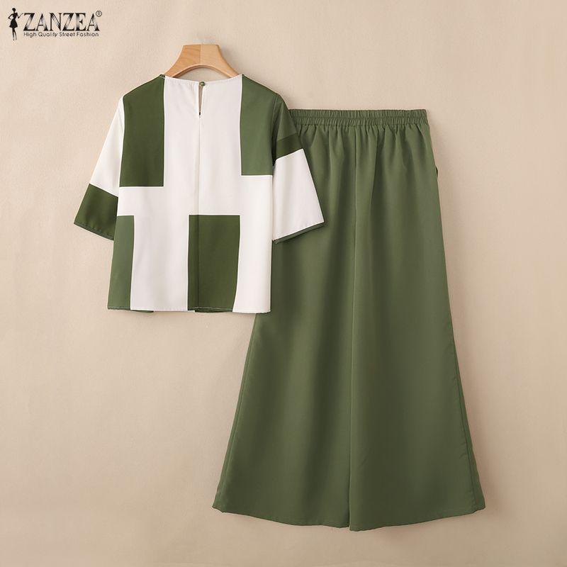ZANZEA Women 3/4 Sleeve Print Blouse and Pants Casual Two Piece Suit Sets