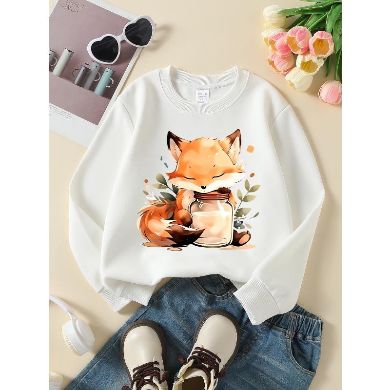 European Sizes Girls' Soft Crewneck Sweatshirt Cute Fox Holding Milk Jar Print, Casual All-Match, Ideal Holiday Present