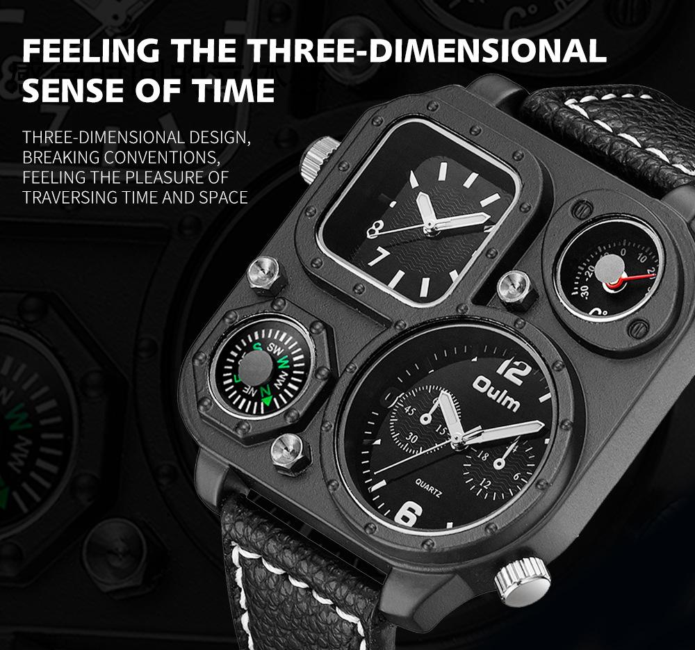 Oulm 1169 Big Dial Analog Luminous Hands Quartz Wrist Watch Clock PU Leather Band Multiple Time Zone Fashion Casual Mens Watch