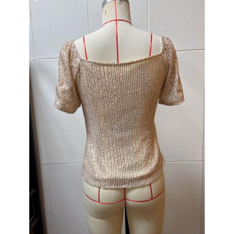 Summer New Women's Square Neck Fashion Short Sleeve Sequined Puff Sleeve Shirt