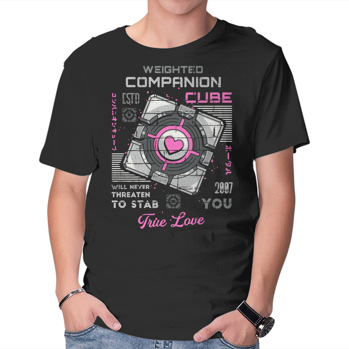 Unisex Crew Neck T-Shirt Companion Cube Graphic Short Sleeve Casual Tee M