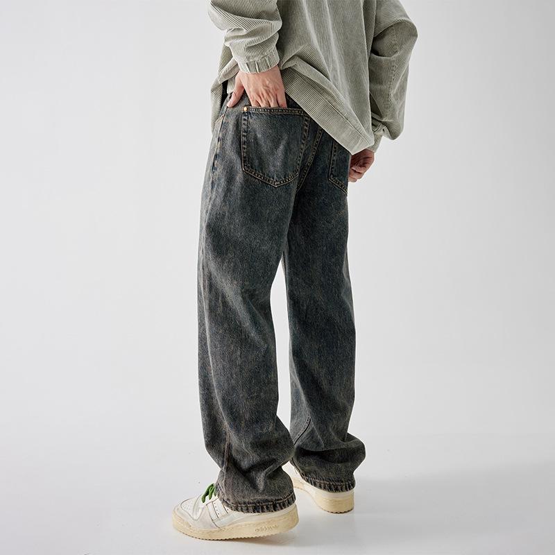 American Style Vintage Straight Jeans for Men's New High Street Wide-leg Trousers