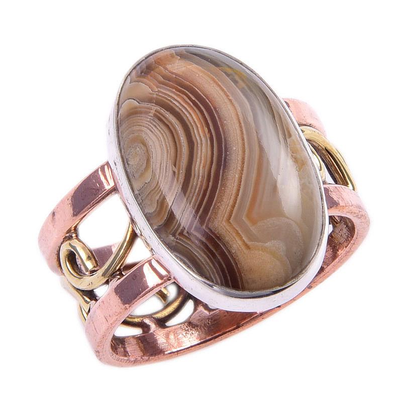 Natural Crazy Lace Agate Gemstone 925 Sterling Silver Two Tone Ring Size 7 S0J47