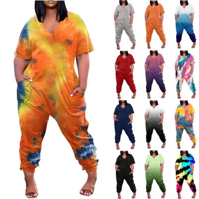 Plus Size Womens Casual V Neck  Short Sleeve Zipper Overalls With Pockets Wide Long Jumpsuits  (S-5XL)