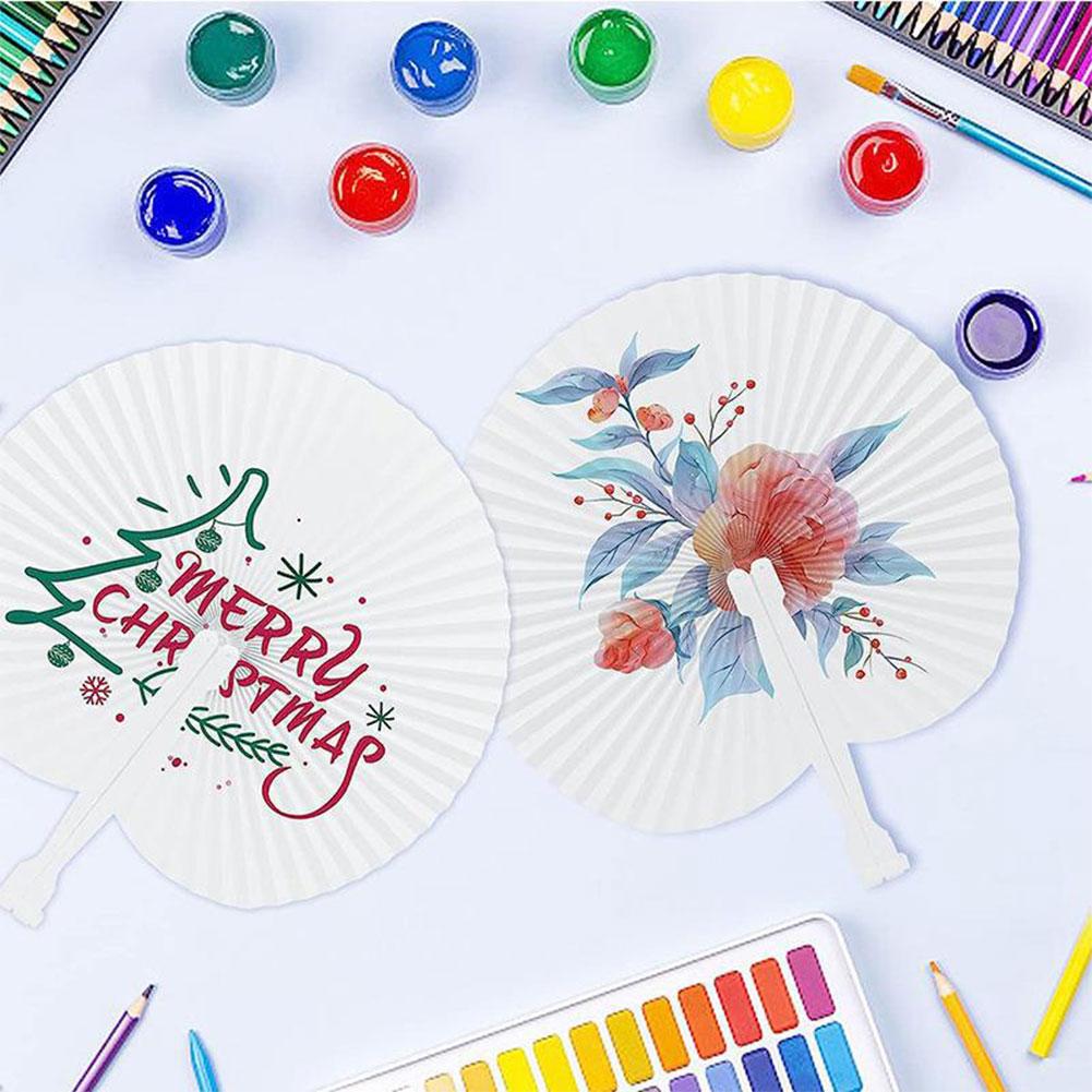 Round Shaped DIY Painting Fan with Plastic Handle Folded Fan Blank Paper Fan for Home Dancing Party Wedding Decoration
