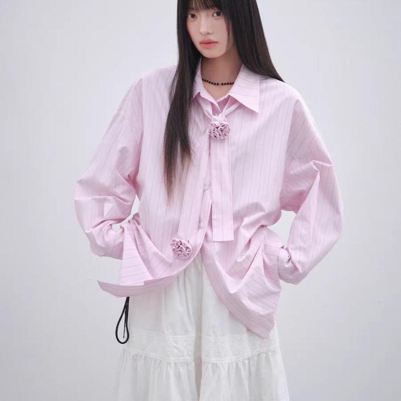 

Розовые полосатые женские блузки с длинным рукавом, с цветочным галстуком, женская блузка с лацканами, французский элегантный женский кардиган свободного кроя L