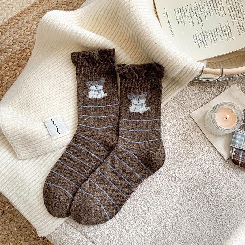 Korean Style Women's Wool Socks: Sweet Bubble Lace, Mid-calf, Cute Cartoon Design, Warm and Versatile for Autumn and Winter