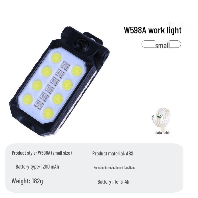 COB LED Handheld Work Light with USB Charging, Magnet Hook, and Emergency Flashlight for Outdoor and Auto Repair.