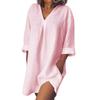Women's V-neck Three Quarter Sleeve Pocket Cotton Linen Color Casual Dress