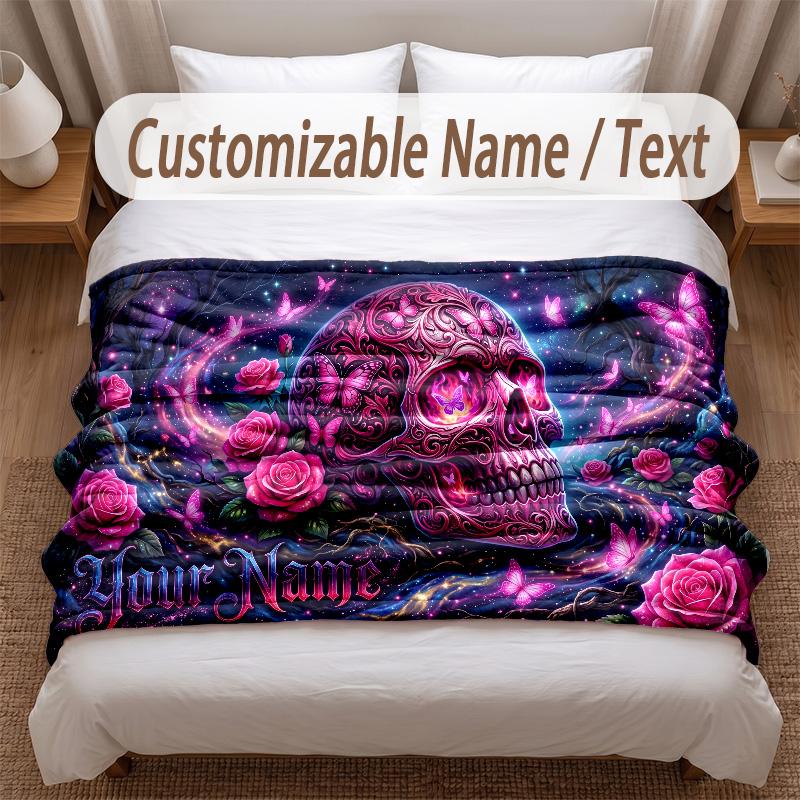 Skull Gothic Theme Soft Blanket Personalized Custom Name Text Print Warm Blanket Home Sofa Bedroom Decor