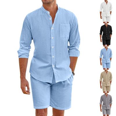 Men's Summer Two-piece Linen Button Shirt Long Sleeve Shorts Cardigan Casual Beach Suit