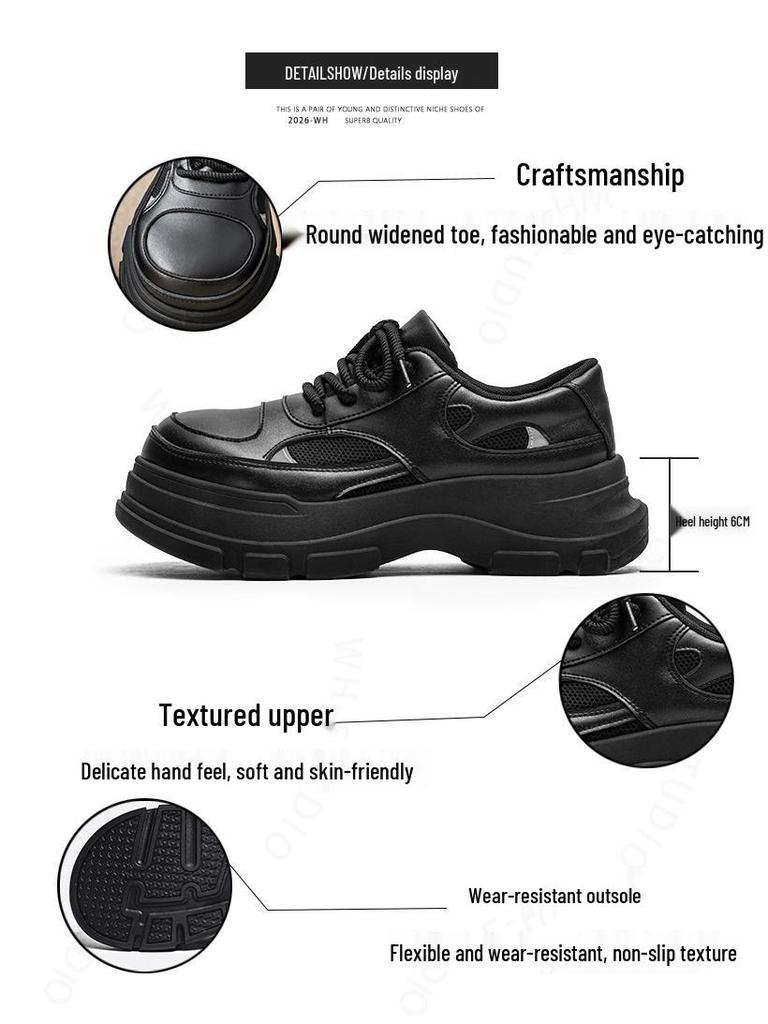 Men's Black Leather Height-Increasing Derby Shoes - 2025 Autumn/Winter Collection, British Style with Thick Sole