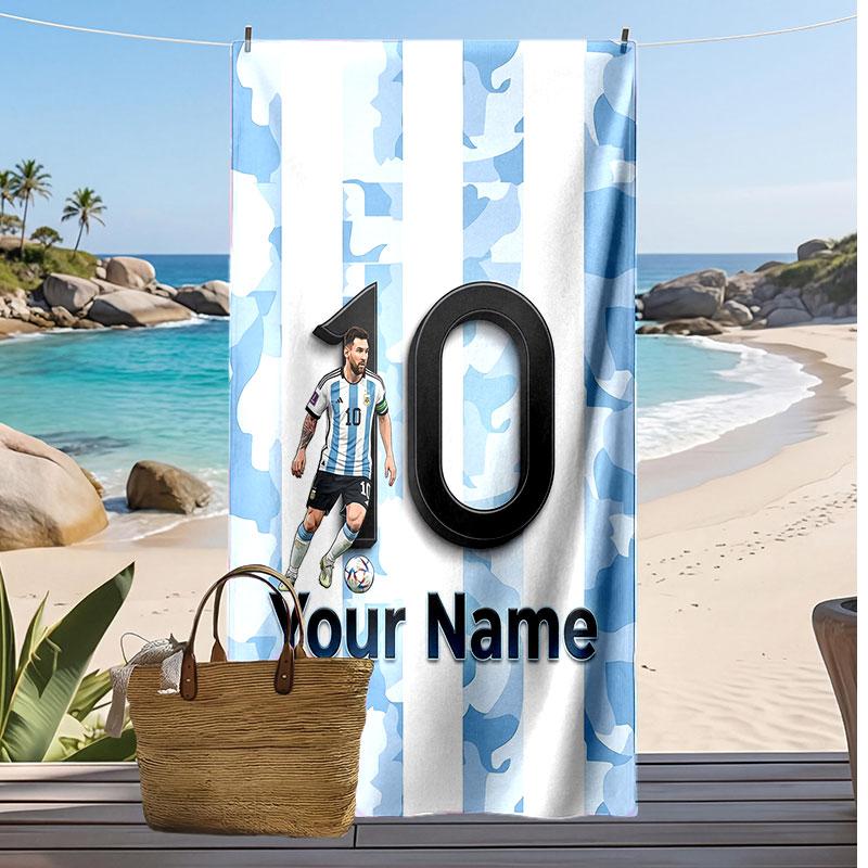 Asciugamano da Spiaggia Personalizzato Stampato Lionel Messi Logo Calcio Supporto Nome Personalizzato Testo Asciugamano Assorbente Per Sport Viaggio Regalo Speciale