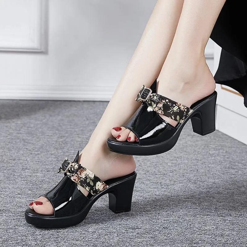 GKTINOO Nowe Kapcie ze Skóry Dzielonej Antypoślizgowe Letnie Wysokie Obcasy Sandały z Kokardką Buty dla Mamy na Zewnątrz