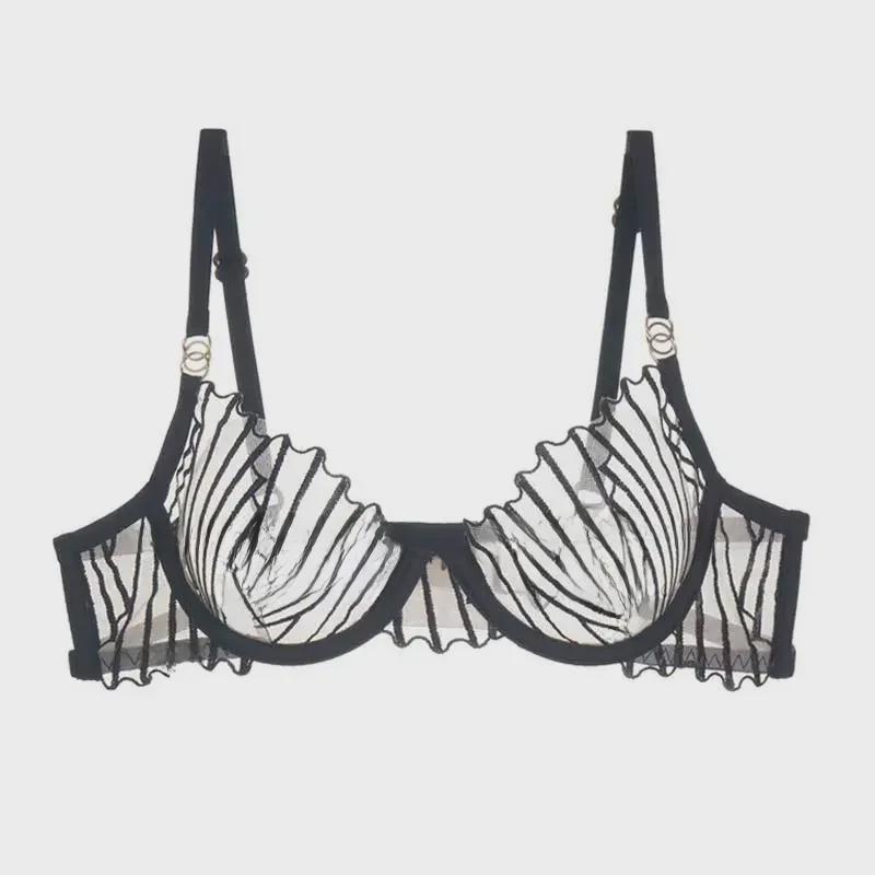 Ultra-Thin French Embroidered Mesh Bra & Thong Set - Women's Breathable, Gathered Fit.